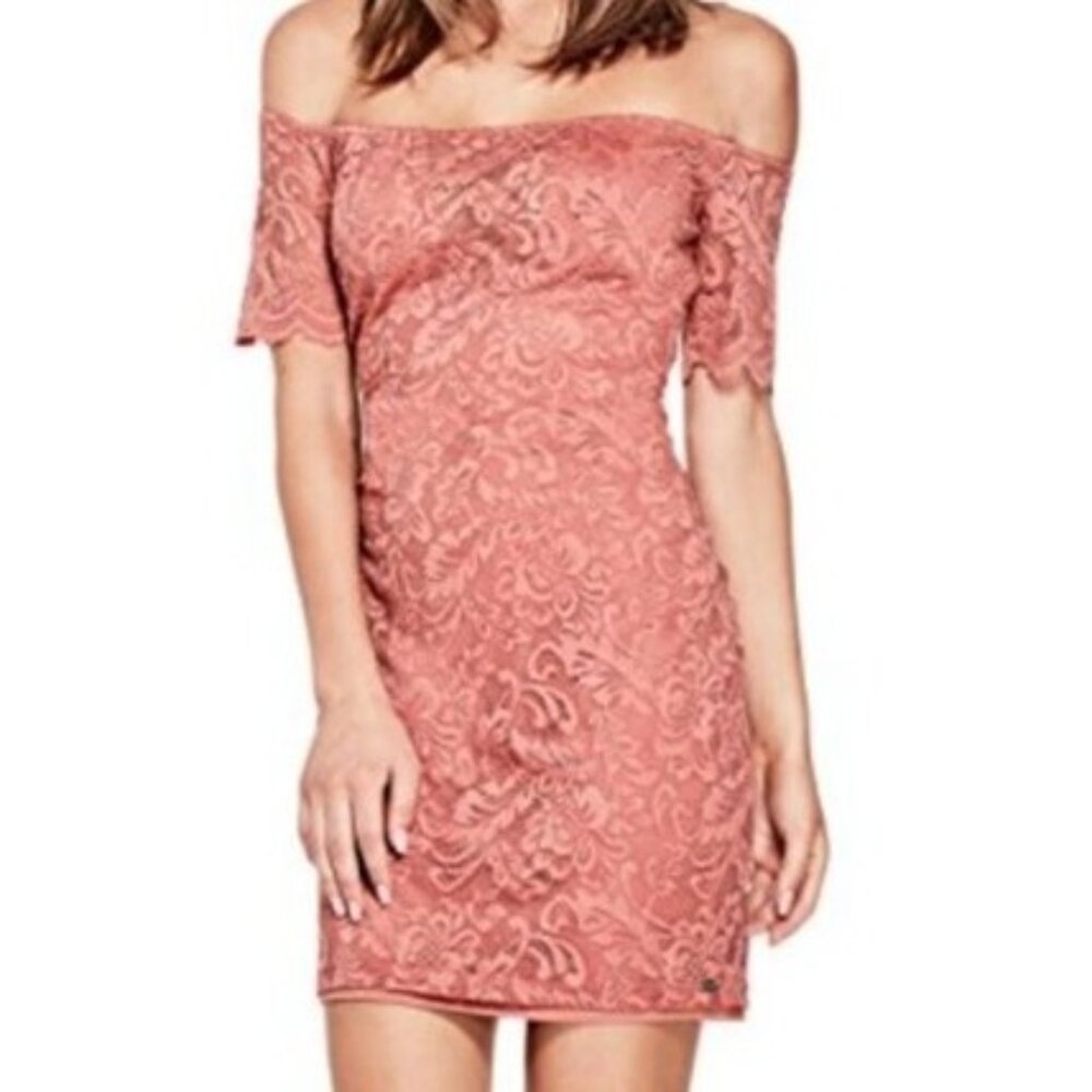 Guess Lace Off-Shoulder Dress Pink Medium